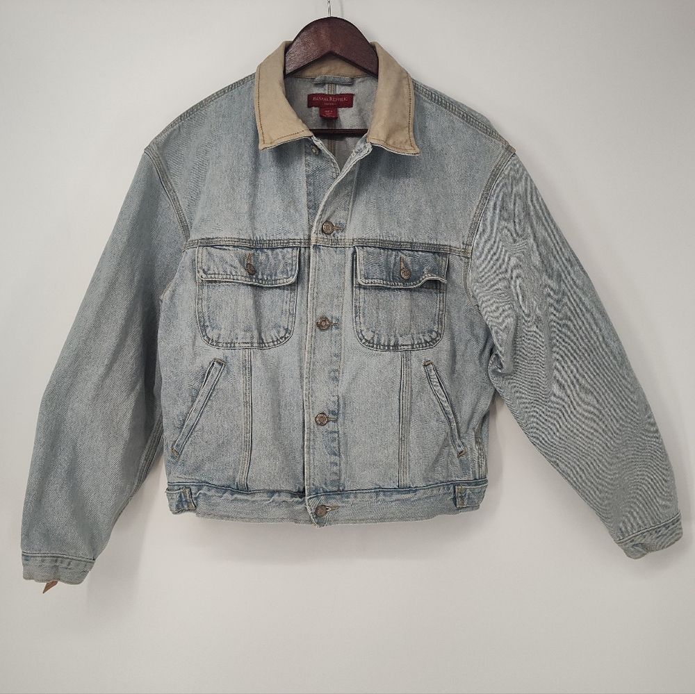 Vintage Banana Republic Men's Denim Jacket with Beige Leather Collar Size Medium